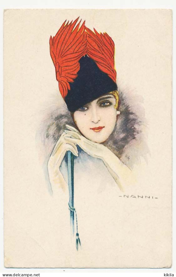 CPA 9 X 14 Illustrateur NANNI Tête De Femme Chapeau  Col Fourrure  Canne - Nanni