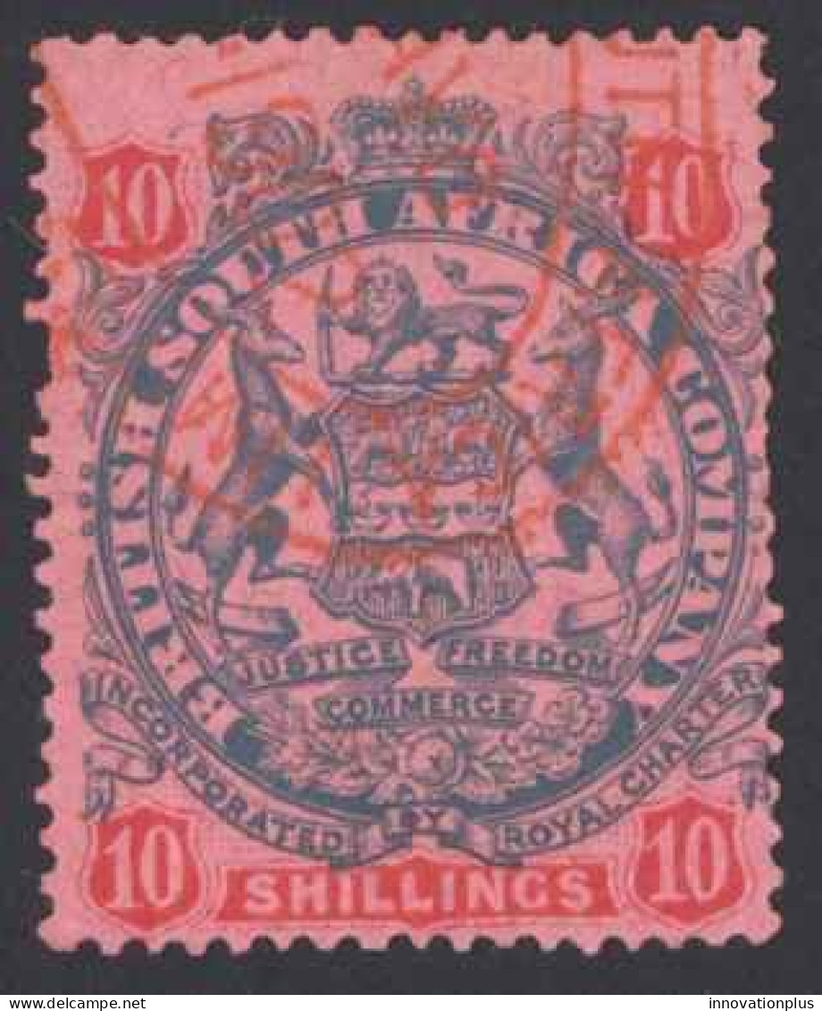 Rhodesia Sc# 39 Used 1896 10sh Slate & Carmine, Rose Coat Of Arms - Rhodésie Du Nord (...-1963)