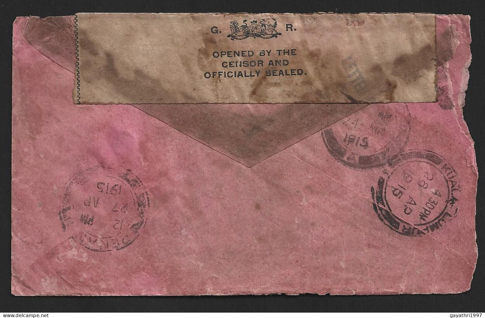 1915. India Stamp On Cover From S. India To F.M.S. WITH Straits Settlements Opened By The Censor And Officially Sealed - Cinderellas