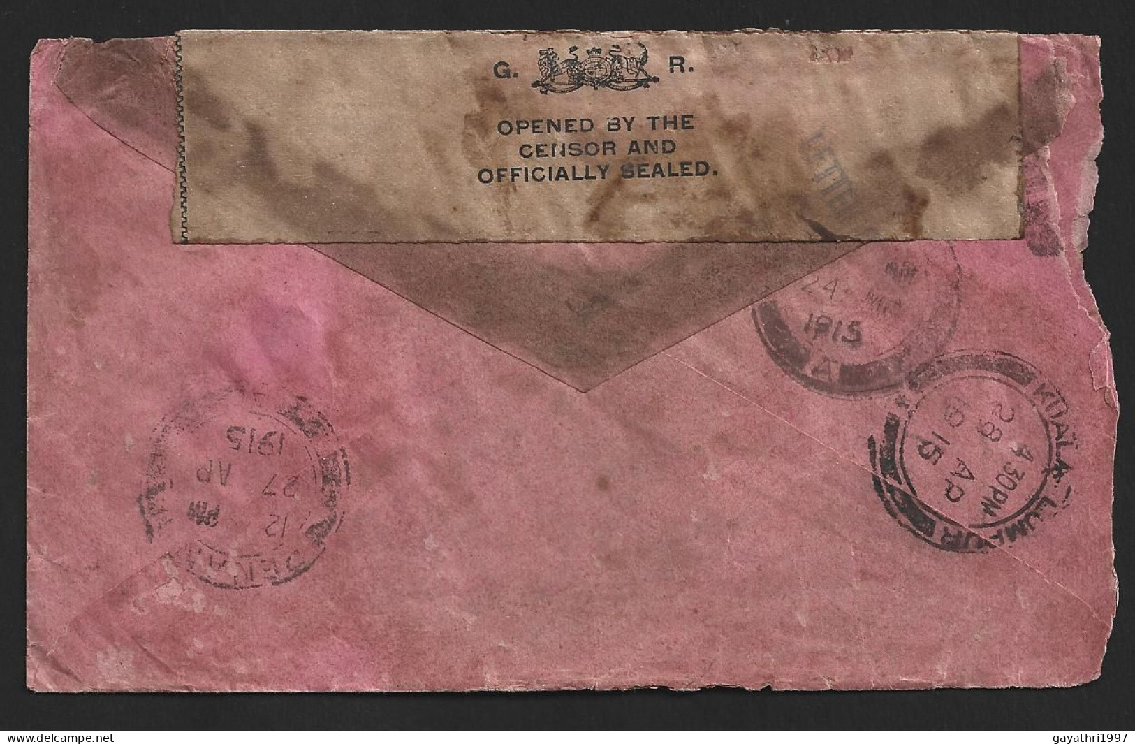 1915. India Stamp On Cover From S. India To F.M.S. WITH Straits Settlements Opened By The Censor And Officially Sealed - Erinnofilia