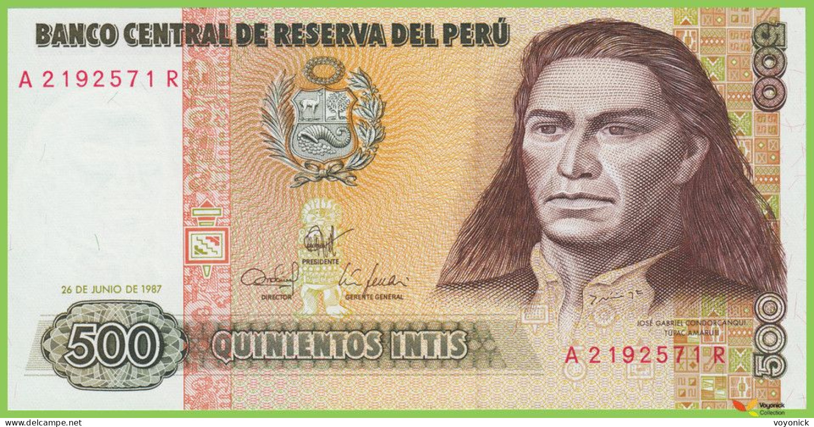 Voyo PERU 500 Intis 1987 P134b B474a A-R UNC - Perù