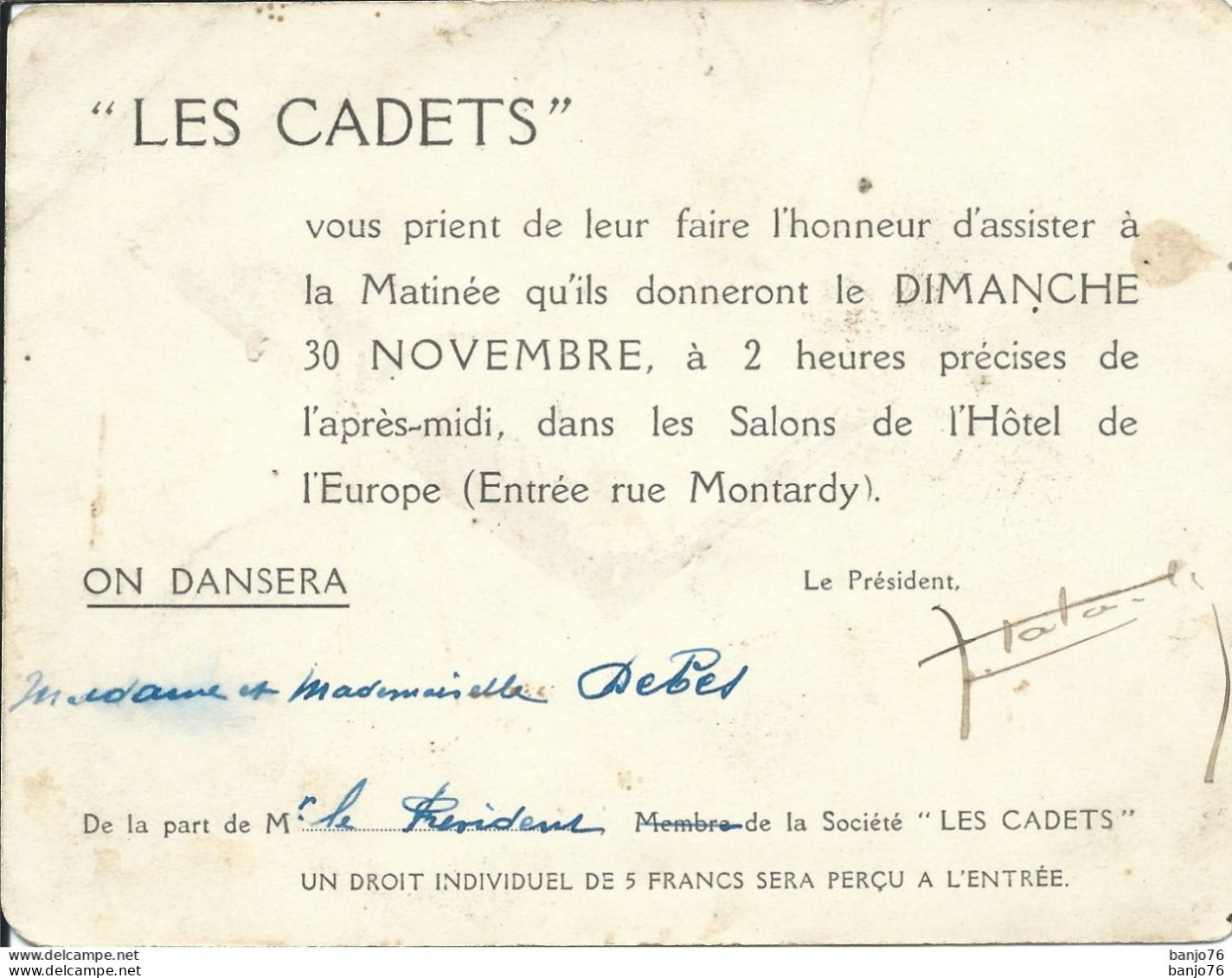 Billet - Carton D'Invitation à L'HÔTEL De L'EUROPE - Rue Montardy - TOULOUSE - Société LES CADETS - Eintrittskarten