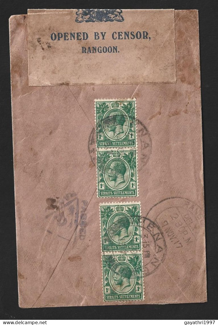 1917. 1st World War Censor Label . Straits Settlement Stamps On Cover From Penang To Rangoon With Censor Cancellation - Straits Settlements