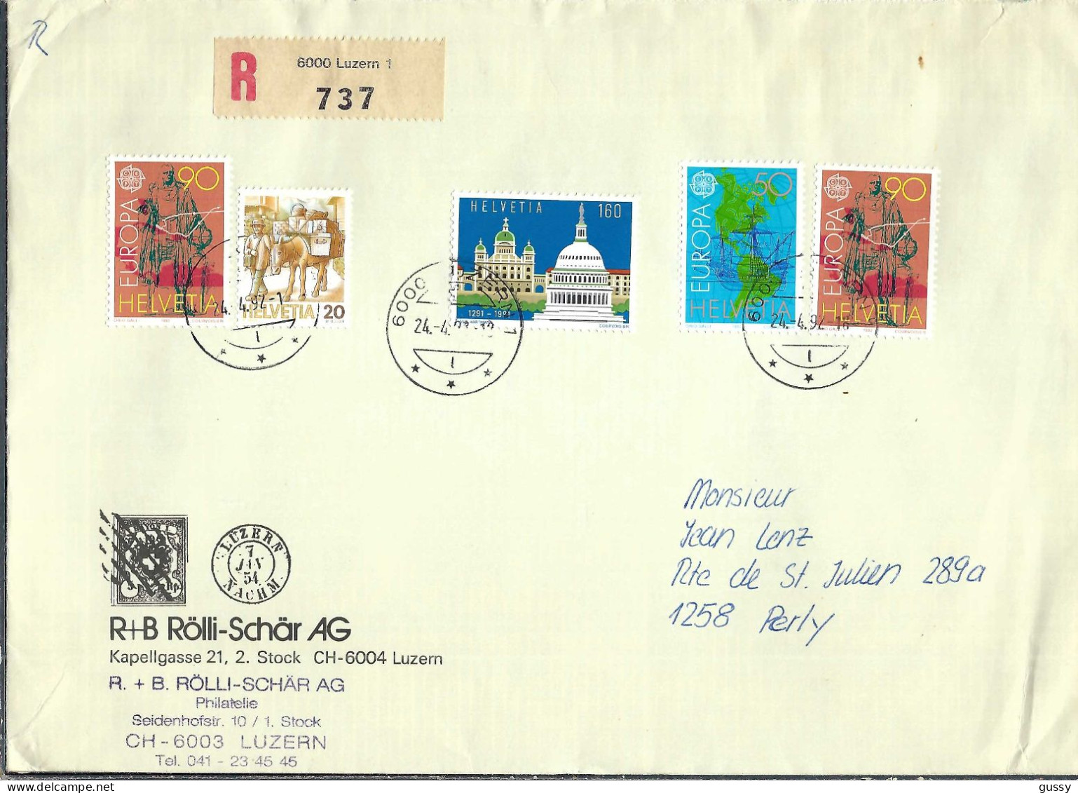 SUISSE 1993: LSC Rec. De Lucerne Pour Perly (GE) - Briefe U. Dokumente