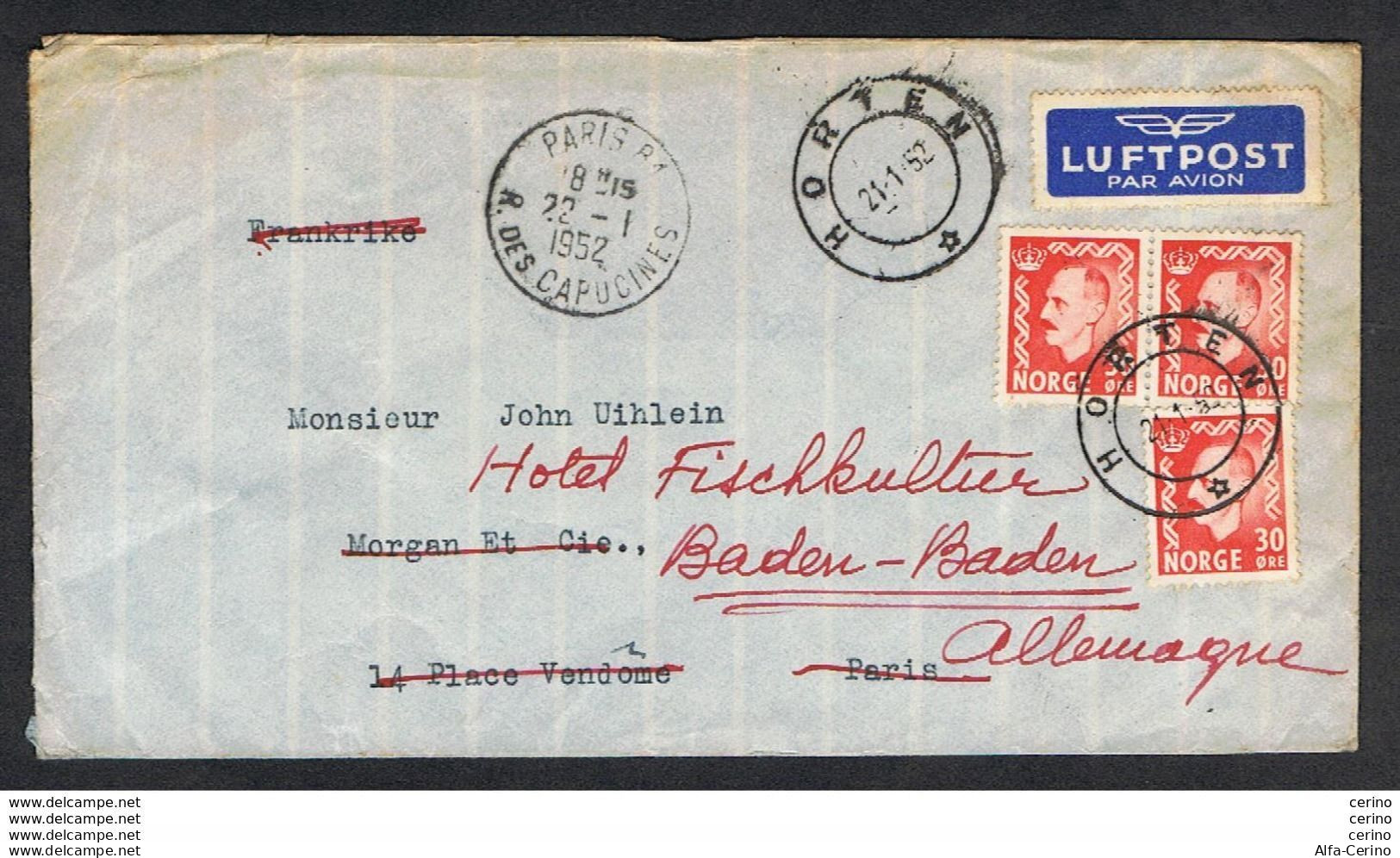 NORWAY: 1952 AIR MAIL COVERT WITH (326 A X 3) - TO GERMANY - Storia Postale