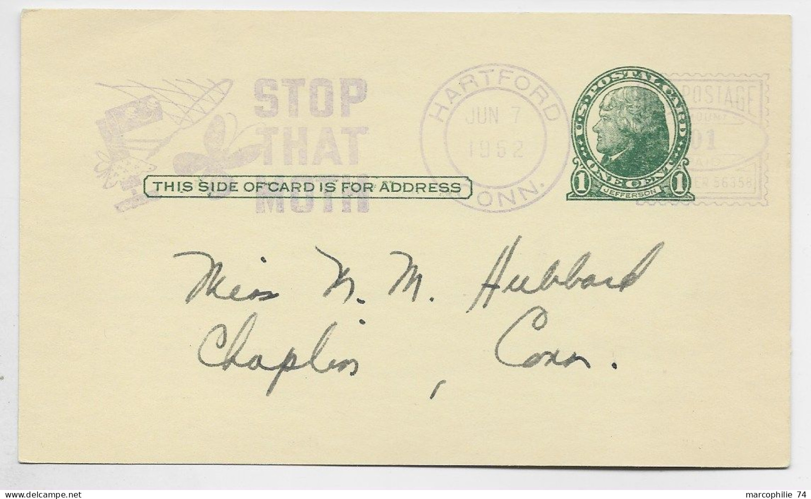 ETATS UNIS USA ONE CENT POST CARD MECANIQUE STOP THAT MUTH HARFORD 1952 CONN - 1941-60