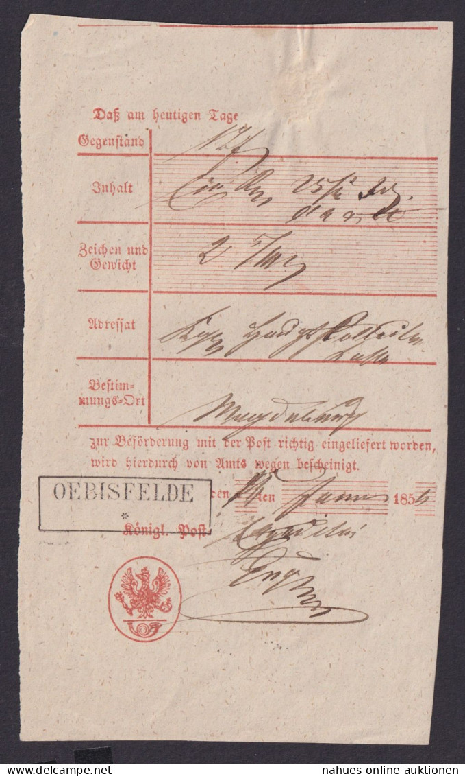 Altdeutschland R2 OEBISFELDE Sachsen-Anhalt Einlieferungsschein 1859 - Sachsen