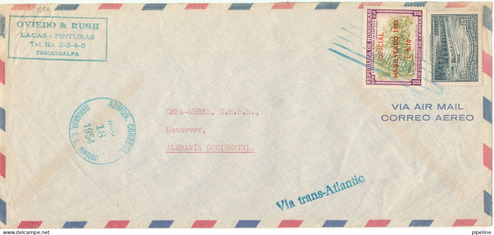 Honduras Air Mail Cover Sent To Germany 18-8-1954 Overprinted Stamp - Honduras