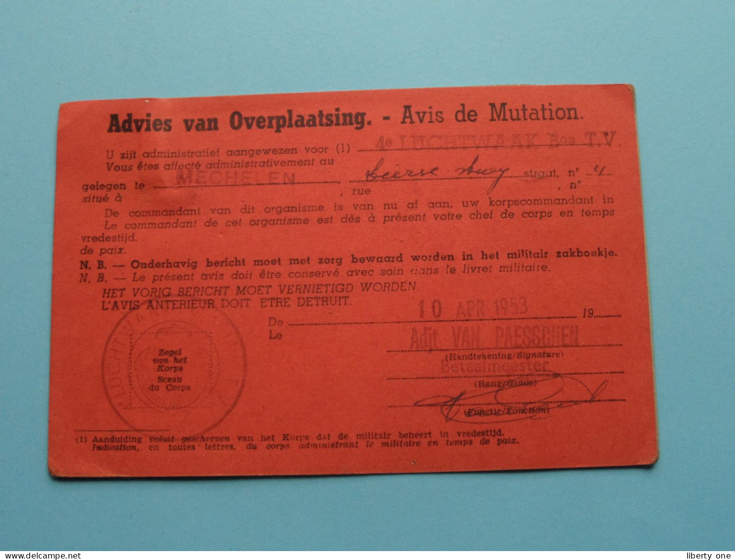 MOBILISATIE Wederoproepingsbericht & Advies Van OVERPLAATSING > 1953 Mechelen ( Zie / Voir SCANS ) 2 Stuks ! - Documenti