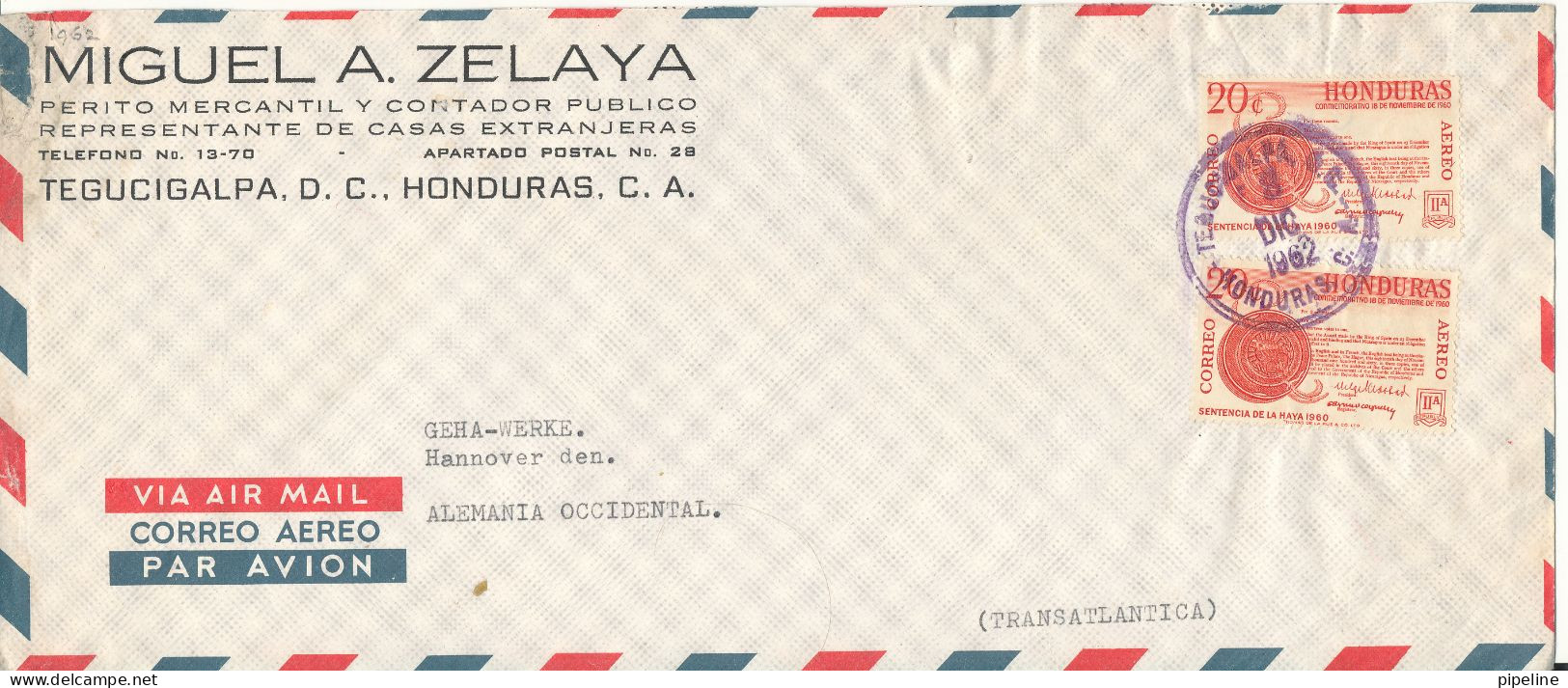 Honduras Air Mail Cover Sent To Germany 13-12-1962 - Honduras