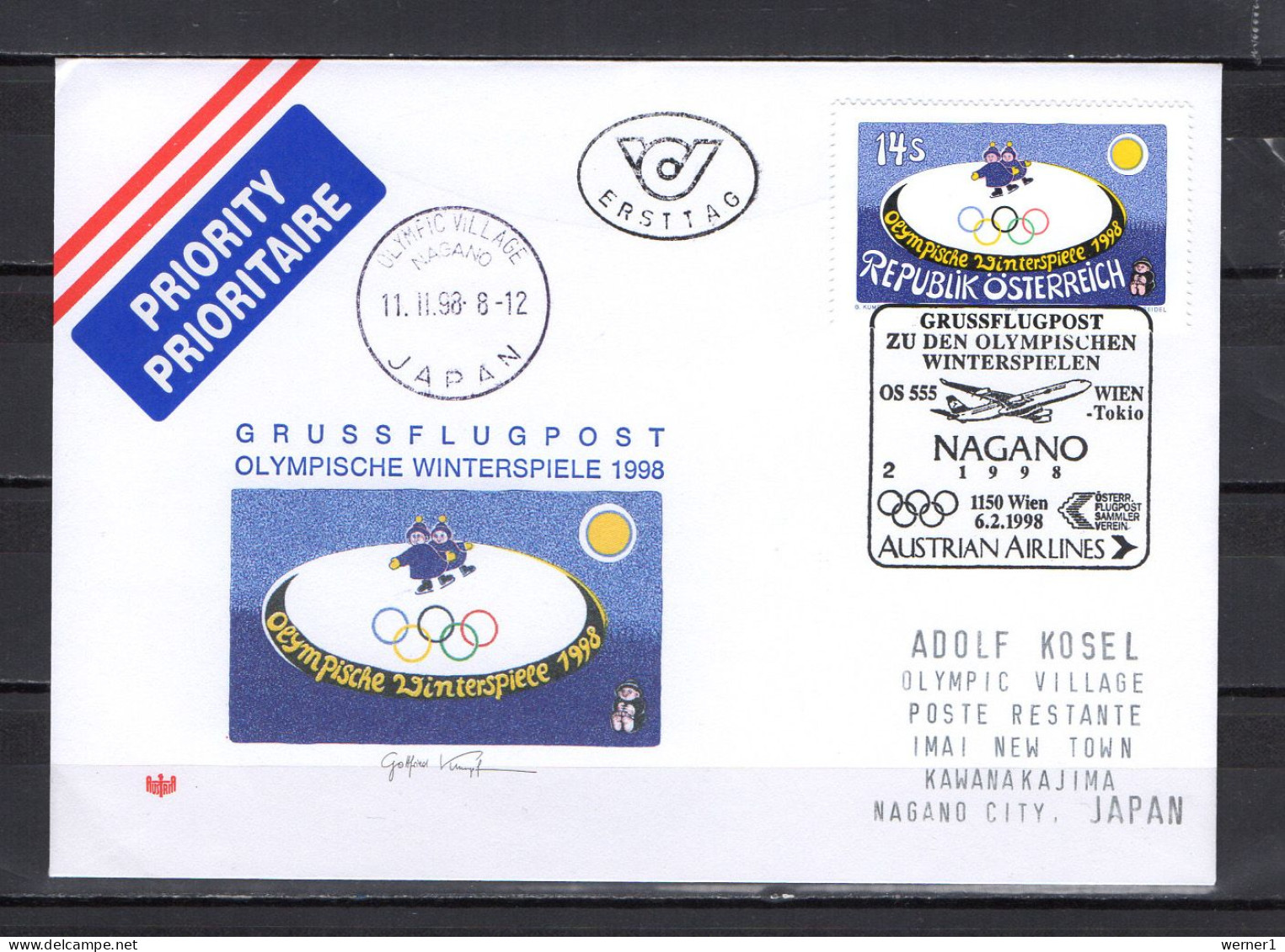 Austria 1998 Olympic Games Nagano Flight Cover To Japan - Inverno1998: Nagano
