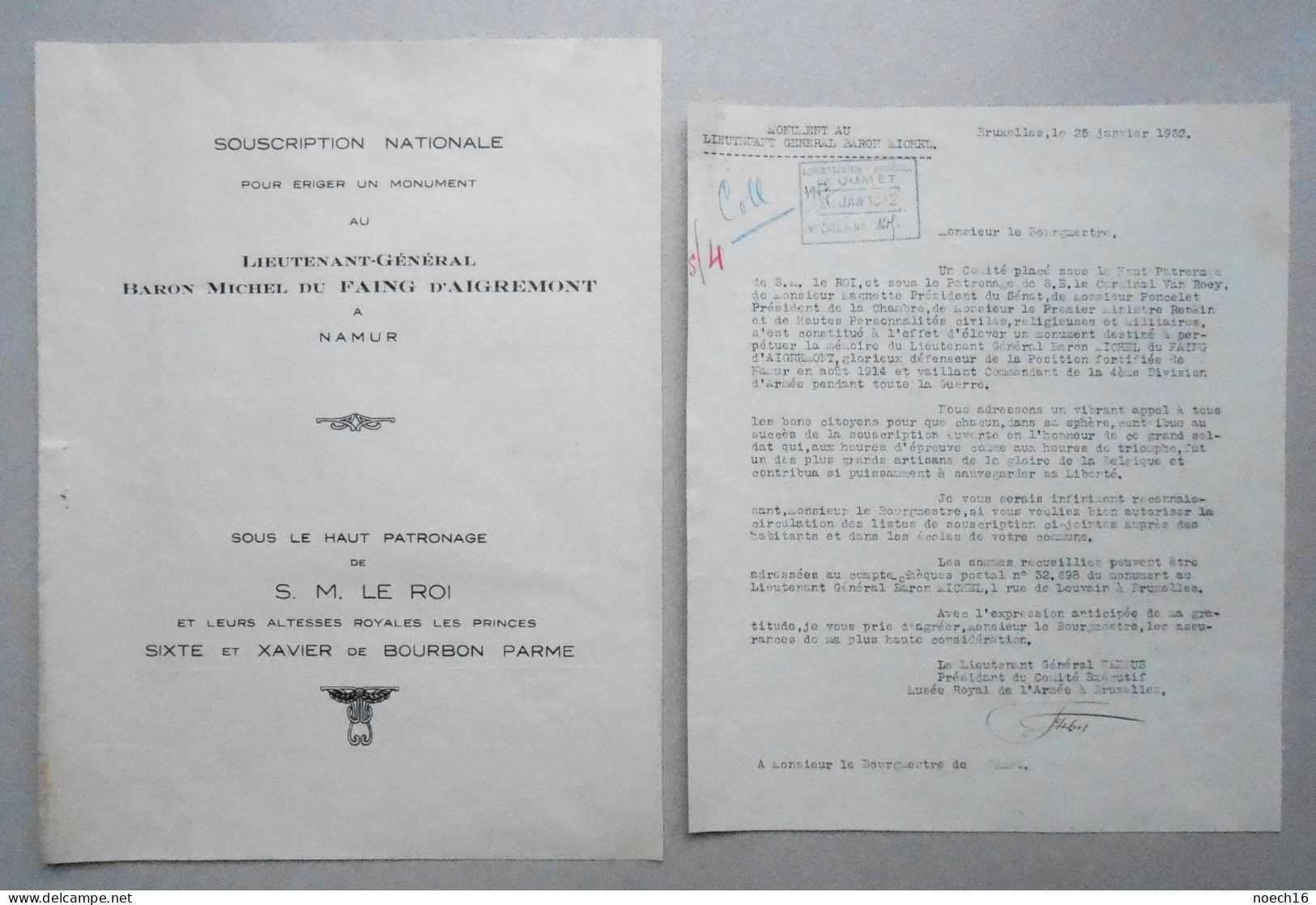 2 Documents 1932 Souscription Monument Au Baron Michel Du Faing D'Aigremont à Namur & Courrier Au Bourgmestre De Jumet - Non Classés