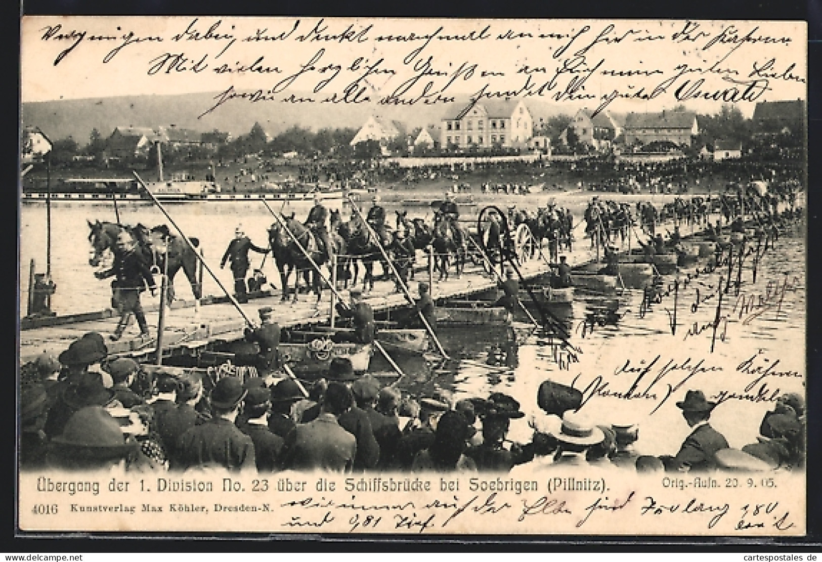 AK Dresden-Pillnitz, Übergang Der 1. Division No. 23 über Die Schiffsbrücke 1905  - Pillnitz