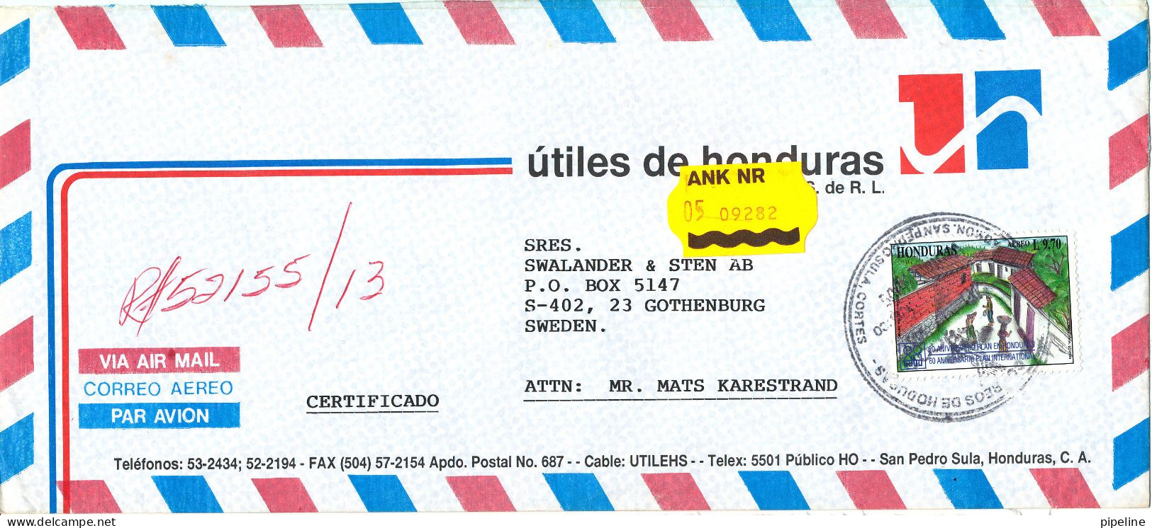 Honduras Registered Air Mail Cover Sent To Sweden Single Franked - Honduras