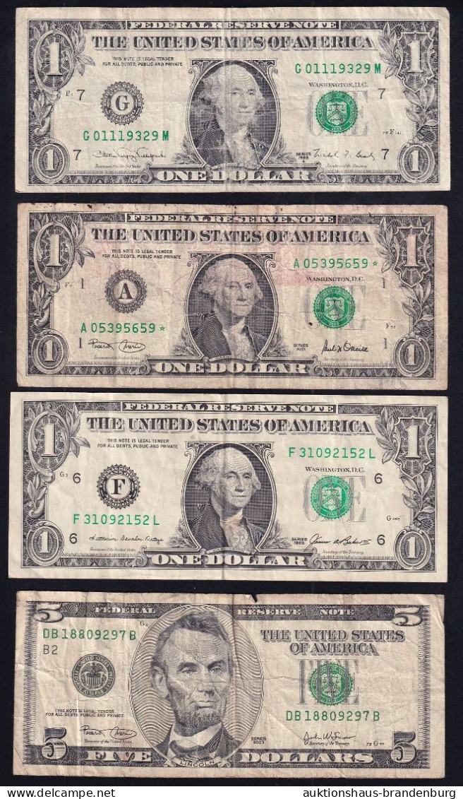 4x USA: 3x 1 Dollar 1985, 1988, 2001 Und 5 Dollars 2003 - Bilglietti Della Riserva Federale (1928-...)