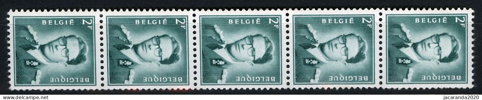 België R38 - Koning Boudewijn - 2F Blauwgroen - Vert-bleu - Strook Van 5 Met Nummer - Bande De 5 Avec Numéro - Rouleaux