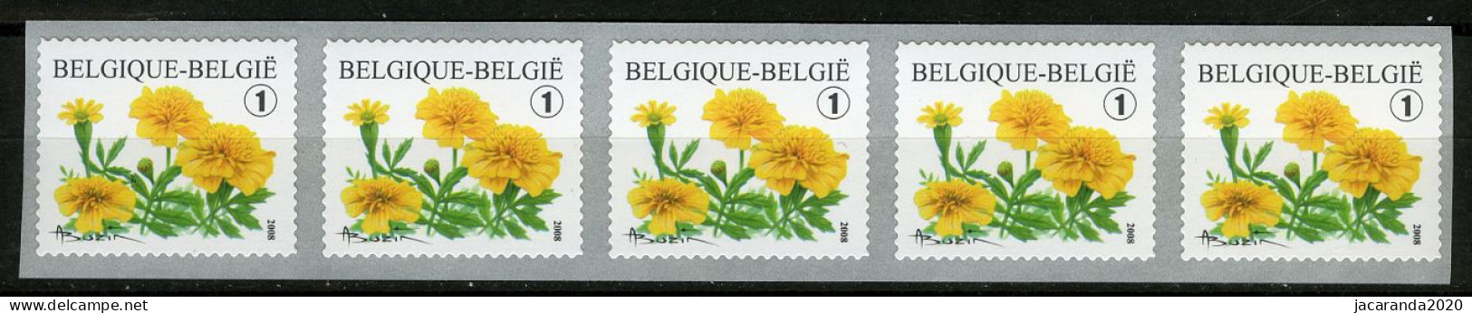België R114 - Bloemen - Buzin (3824) - Tagetes Patula - Afrikaantje - 2008 - Strook Van 5 - Bande De 5 - Zonder Nummer - Franqueo