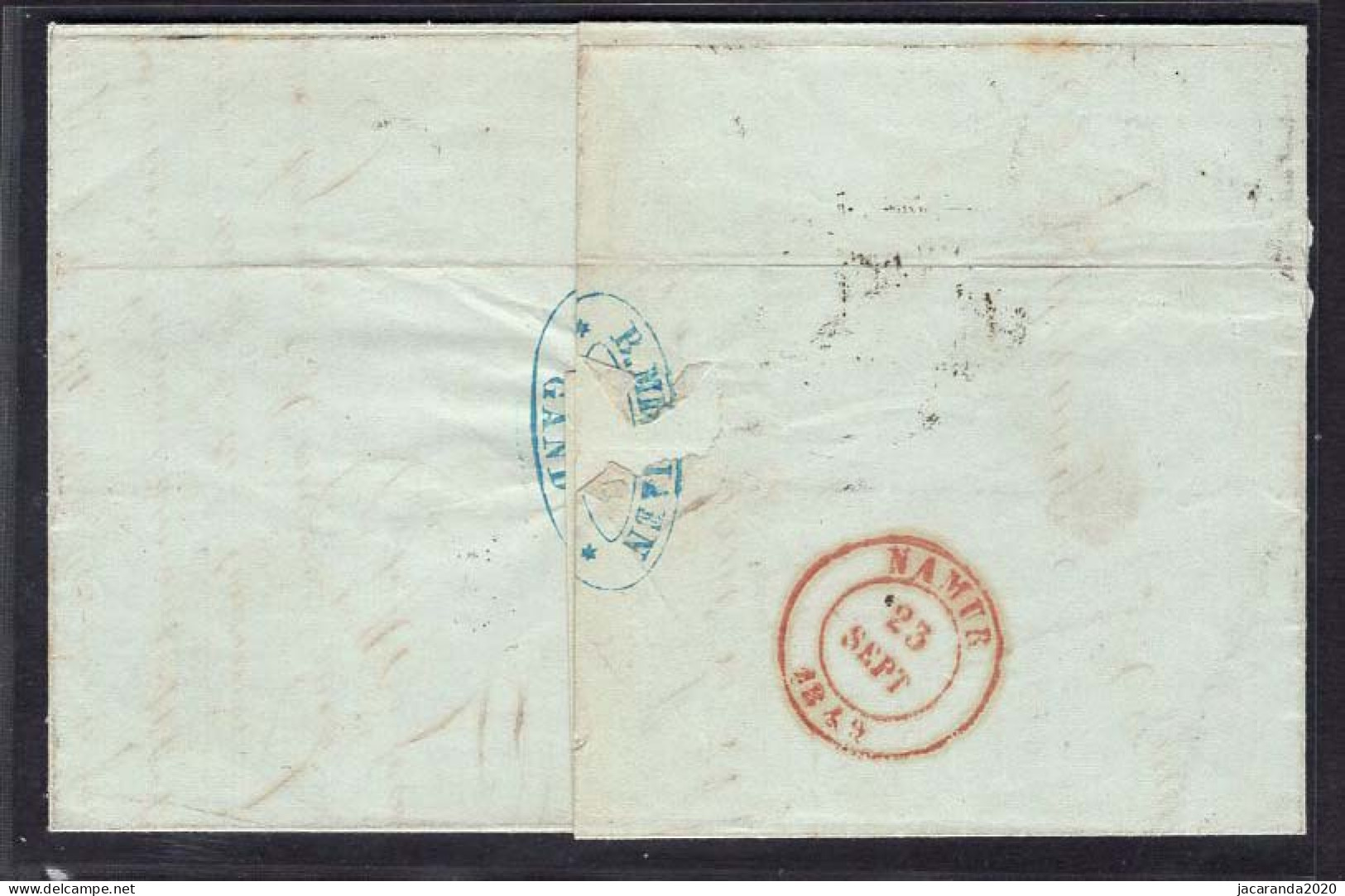 Brief Met Nr. 2 - 20c Blauw - Van Gent Naar Namur - 23 Sept. 1849 - 1849 Schulterklappen
