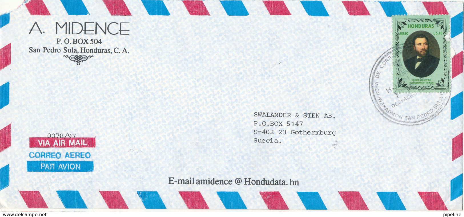 Honduras Air Mail Cover Sent To Sweden Single Franked - Honduras