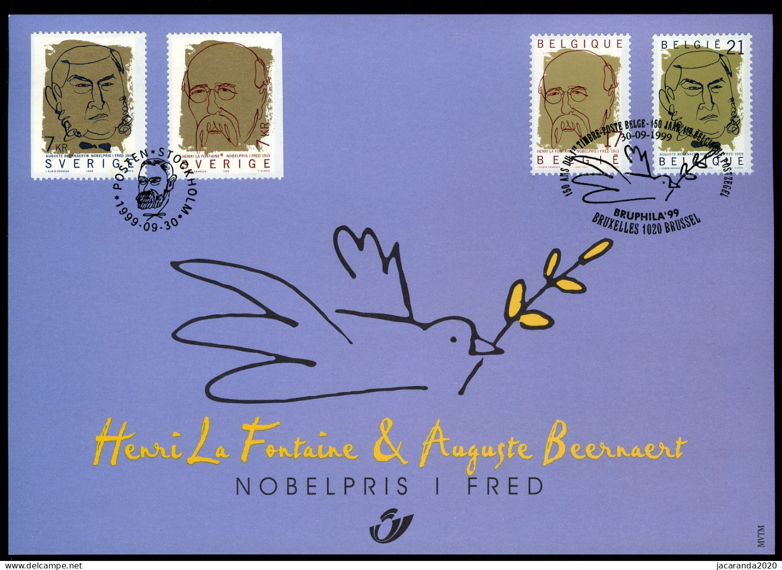 België 2838 HK - Nobelprijswinnaars - La Fontaine - Beernaert - Gem. Uitgifte Met Zweden - 1999 - Souvenir Cards - Joint Issues [HK]