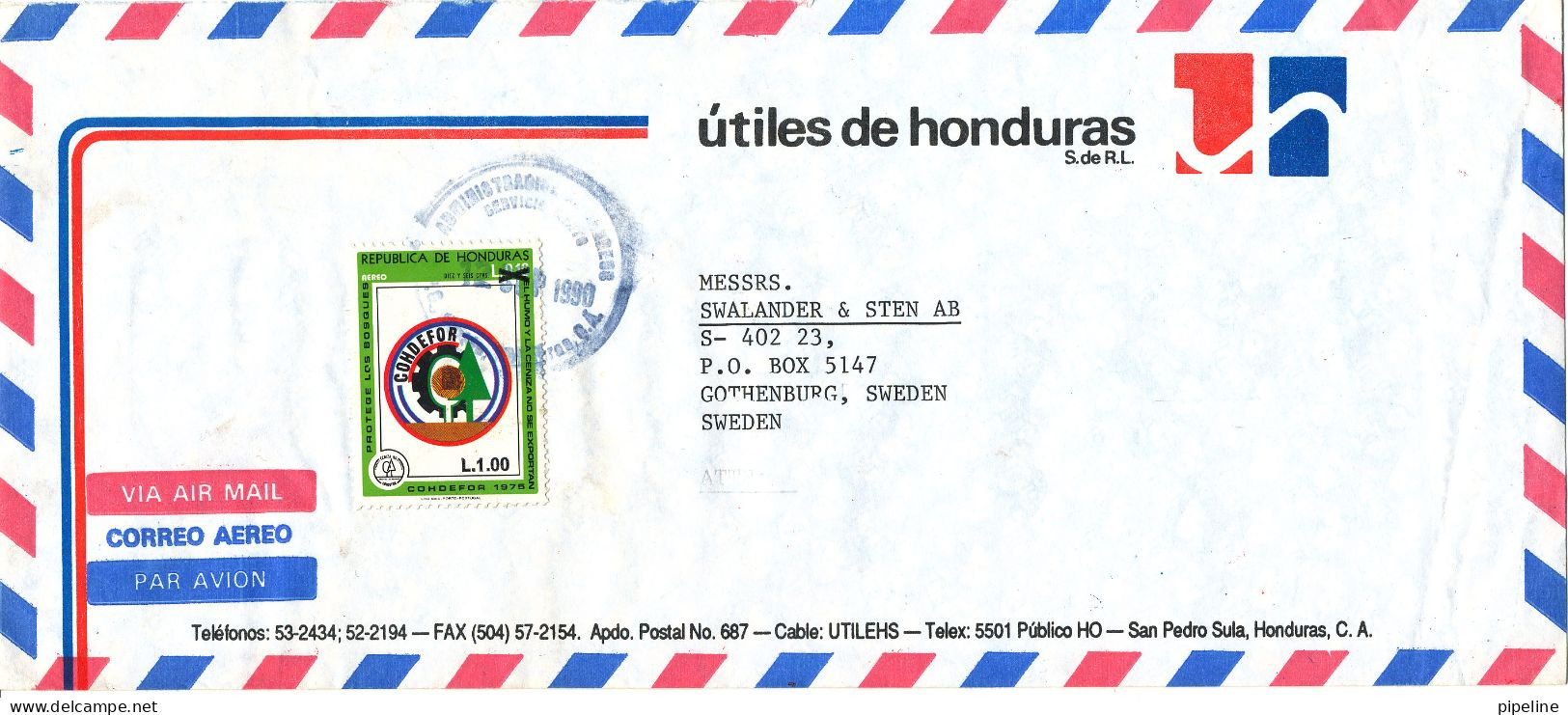 Honduras Air Mail Cover Sent To Sweden 12-9-1990 Single Franked - Honduras