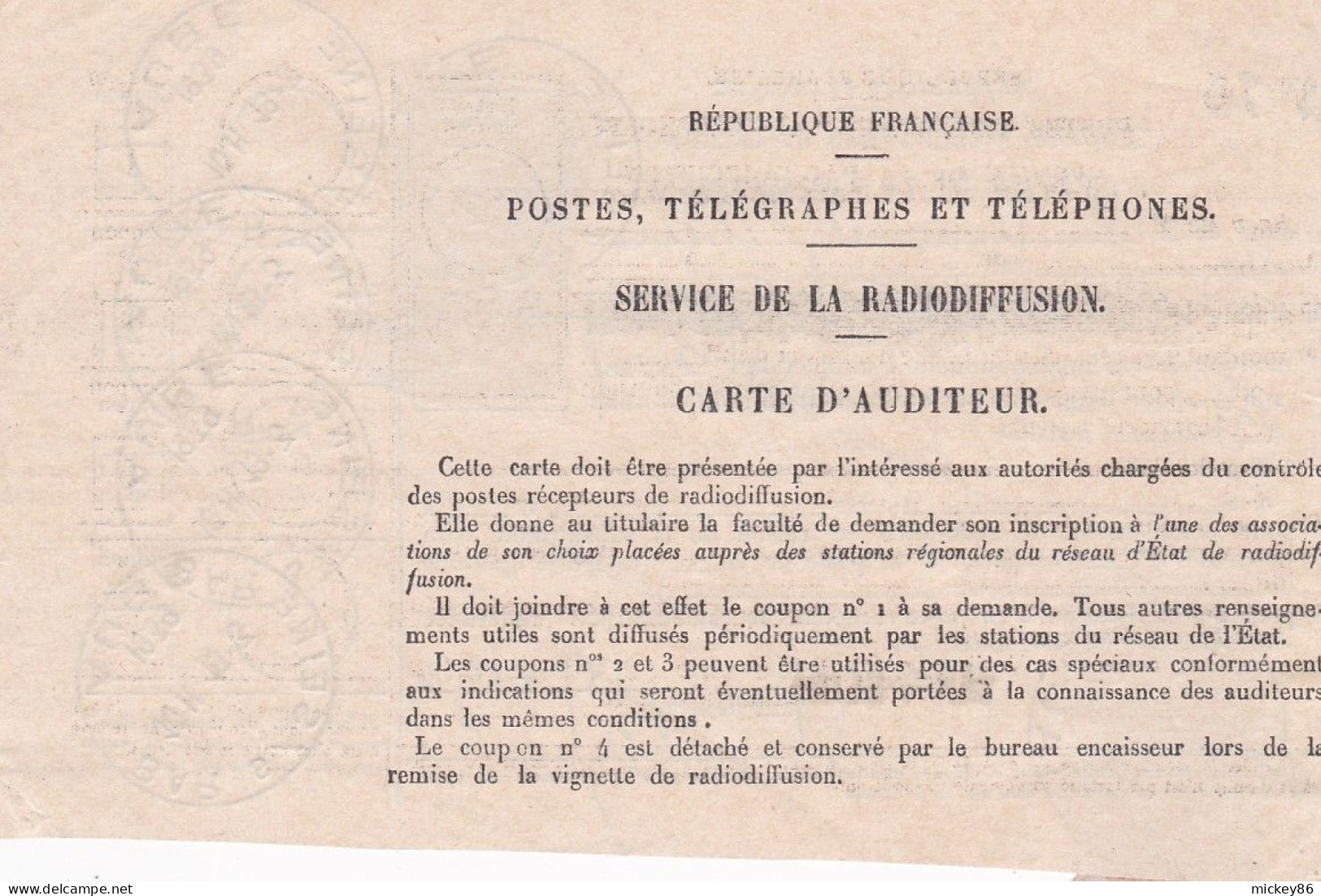 Radiodiffusion---1939-- BAR SUR SEINE-10- Récépissé  Du Service Radiodiffusion...cachets.....timbres Fiscaux - Radiodiffusione