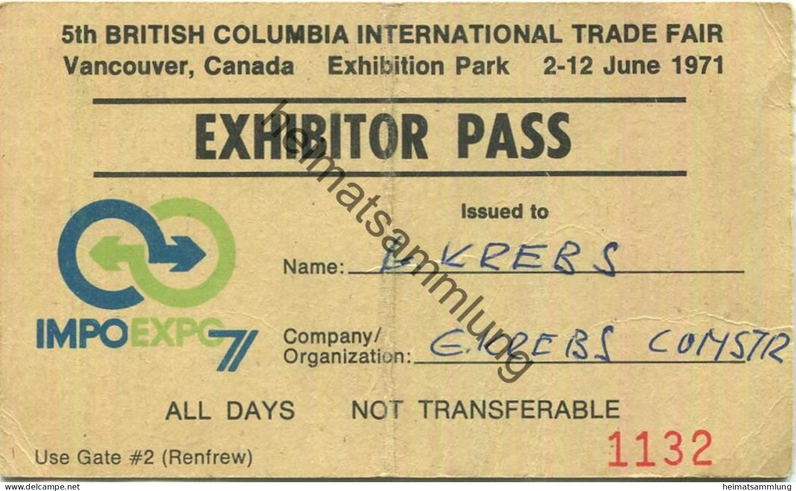 Kanada - 5th British Columbia International Trade Fair - Vancouver Canada - Exhibition Park 2-12 June 1971 - Exhibitor P - Eintrittskarten