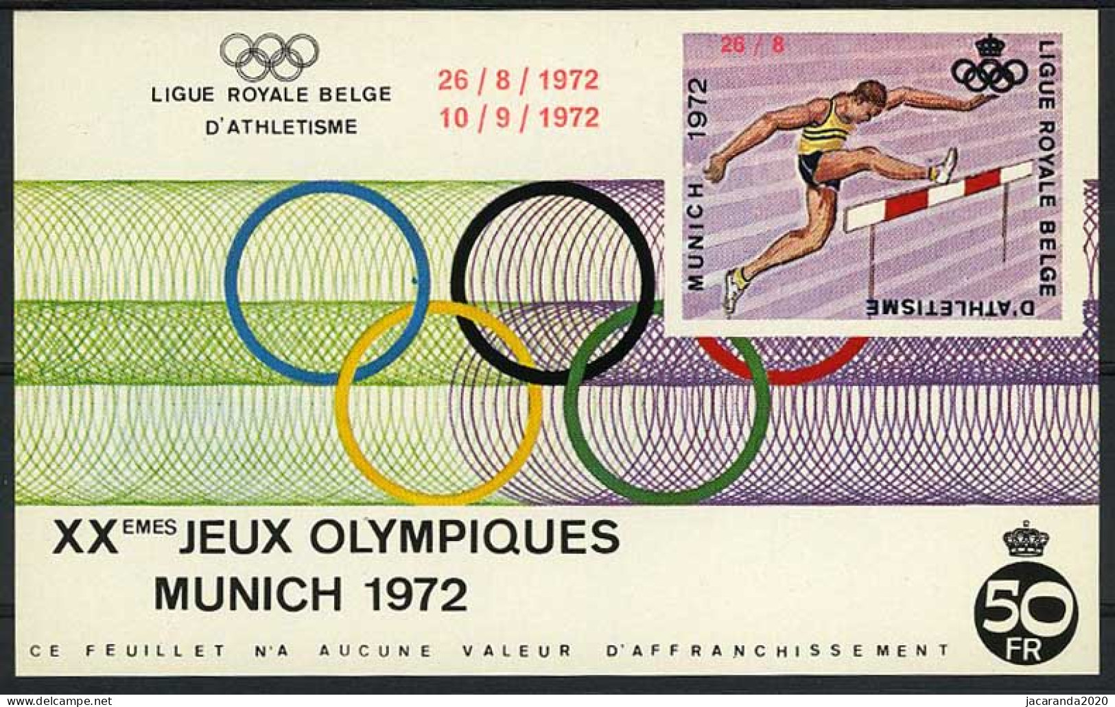 België E122 - Olympische Spelen - München 1972 - Hordenlopen - Met Opdruk - Avec Surcharge - Erinofilia [E]