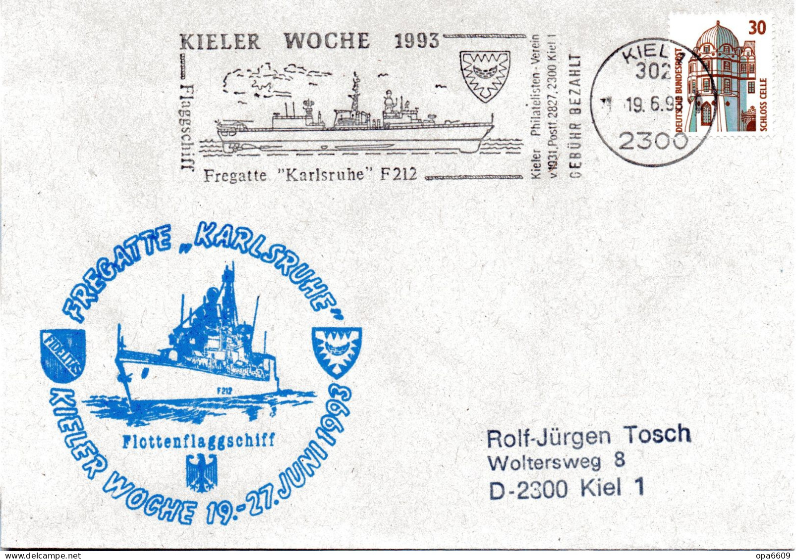 (Freg 3)BRD Cachetumschlag FREGATTE "KARLSRUHE" F212 - Flottenflaggschiff Kieler Woche 1993" EF BRD MWST 19.6.93 KIEL - Schiffe