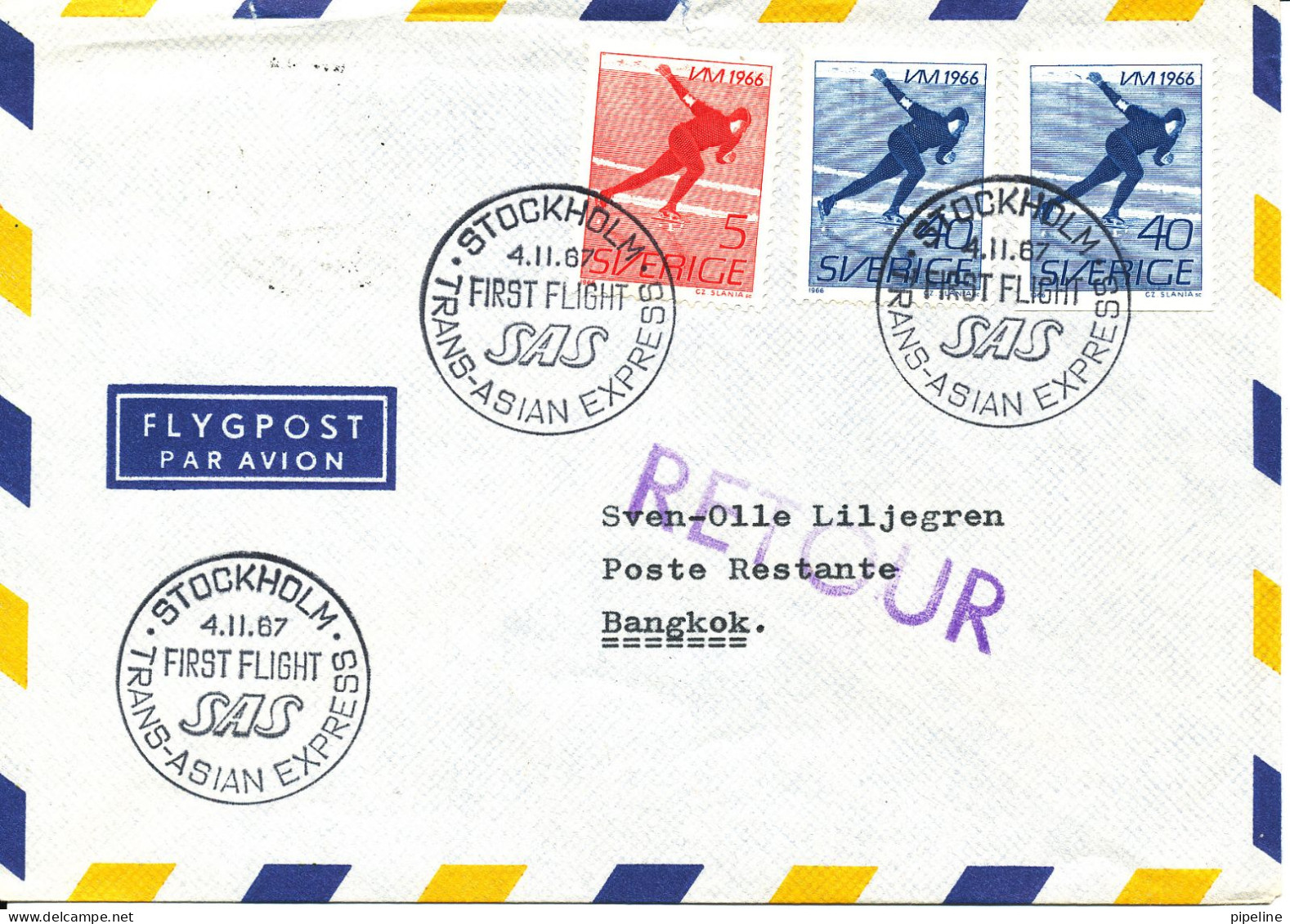 Sweden Aerogramme First SAS Trans-Asian Express Flight Stockholm - Bangkok 4-11-1967 - Lettres & Documents