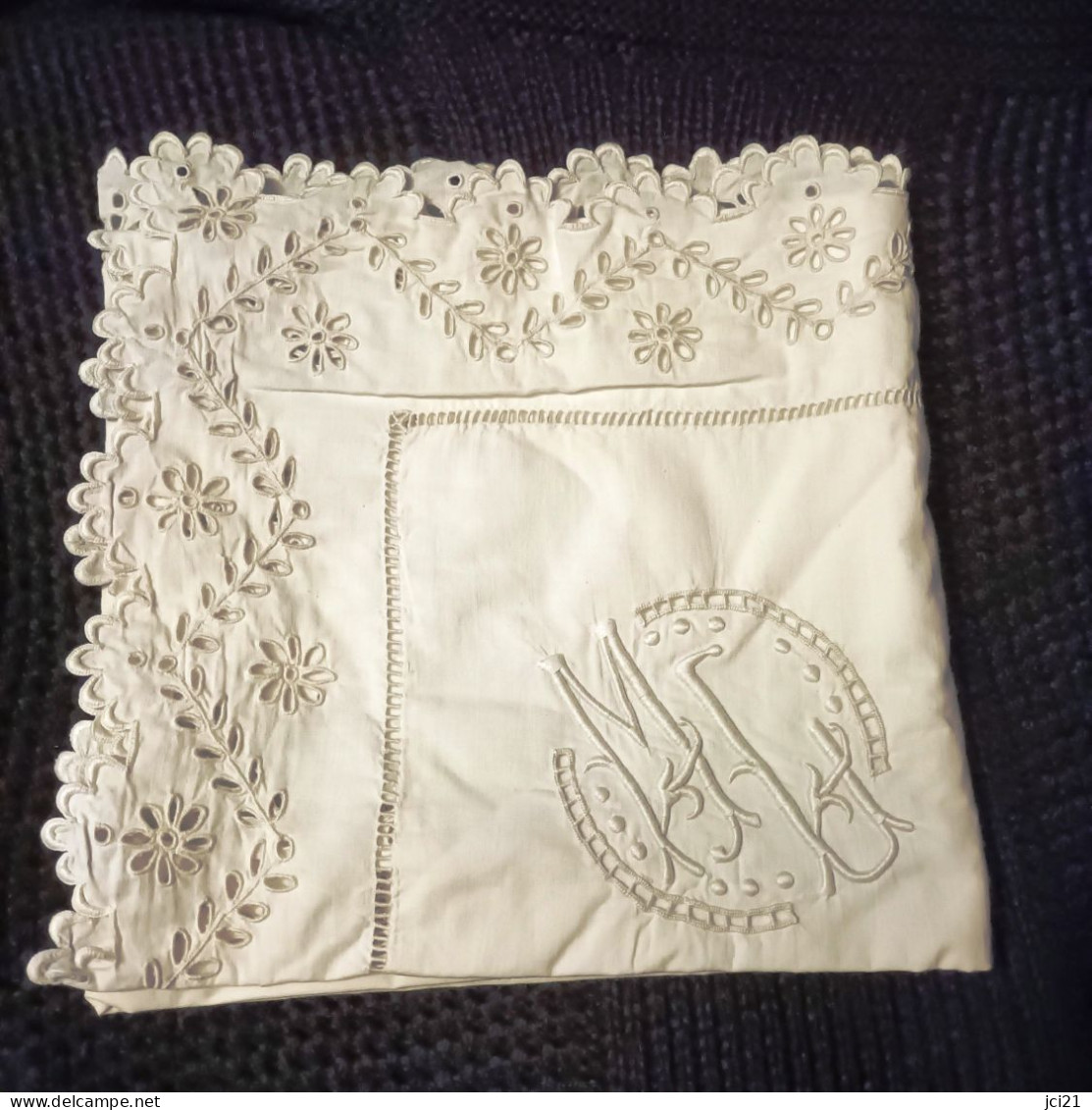 Taie D'oreiller En Coton Et Dentelle Ajourée Monogrammée M L _L154 - Tagesdecken/Überwürfe