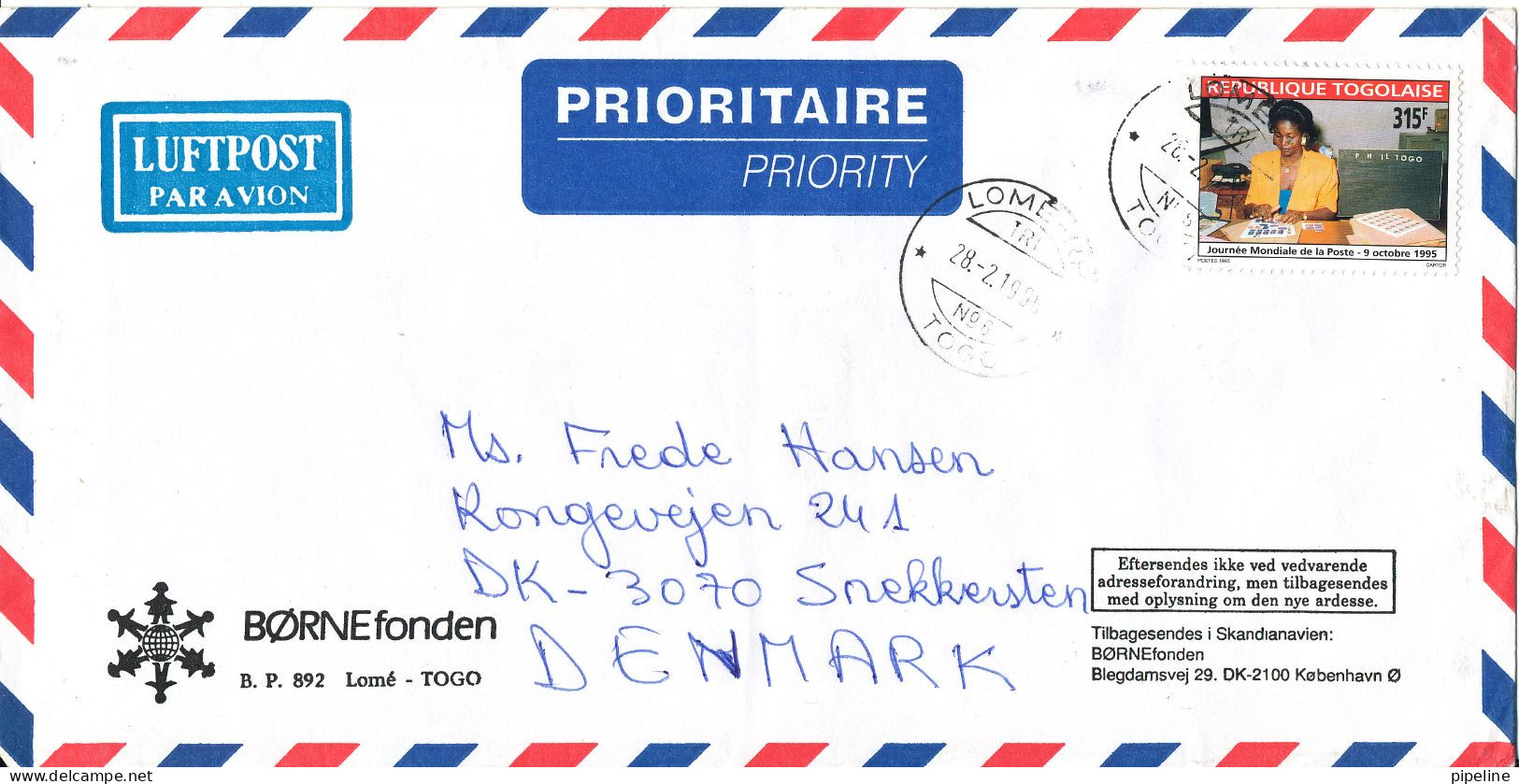 Togo Air Mail Cover Sent To Denmark 28-2-1995 Single Franked (Börnefonden) - Togo (1960-...)