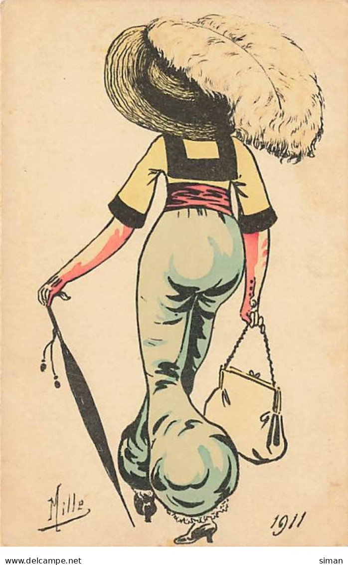 N°23606 - Illustrateur - Mille - Jeune Femme De Dos Portant Un Pantalon Et Un Grand Chapeau Avec Une Plume - Mode - Mille