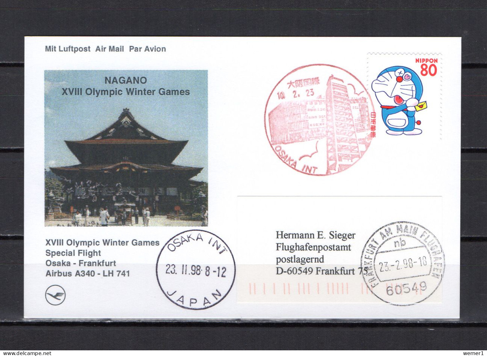 Japan 1998 Olympic Games Nagano Commemorative Flight Postcard To Germany - Invierno 1998: Nagano