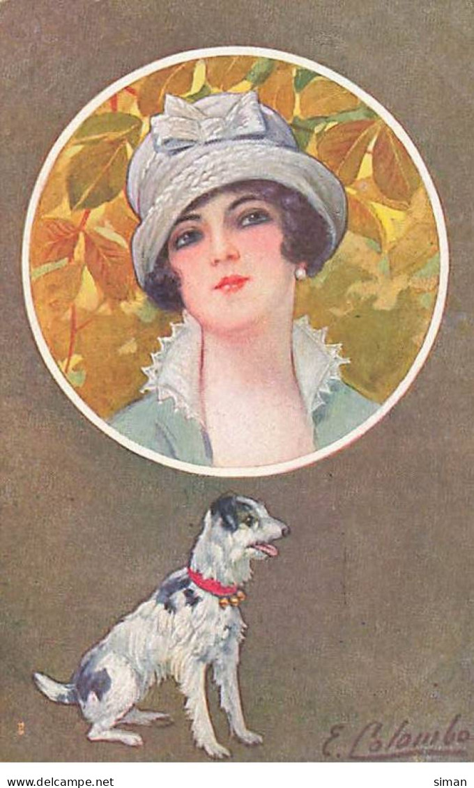 N°23619 - Illustrateur - E. Colombo - Portrait D'une Jeune Femme Dans Un Médaillon, Au-dessus D'un Chien - Colombo, E.