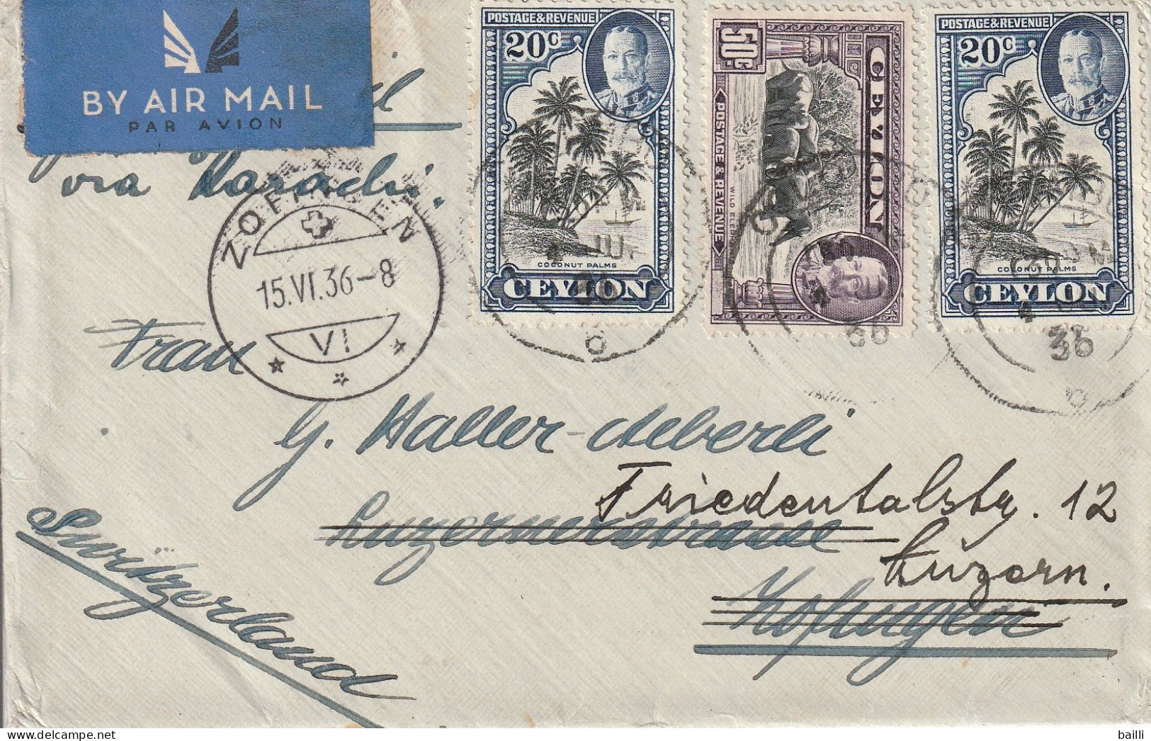 Ceylan Lettre Pour La Suisse 1936 - Ceylon (...-1947)