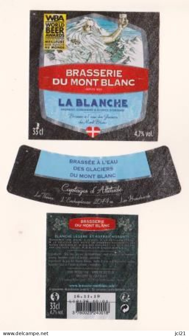 Etiquette, Collerette Et Contre étiquette De Bière 33 Cl " LA BLANCHE " Brasserie Du Mont Blanc (2824)_Eb74 - Bier
