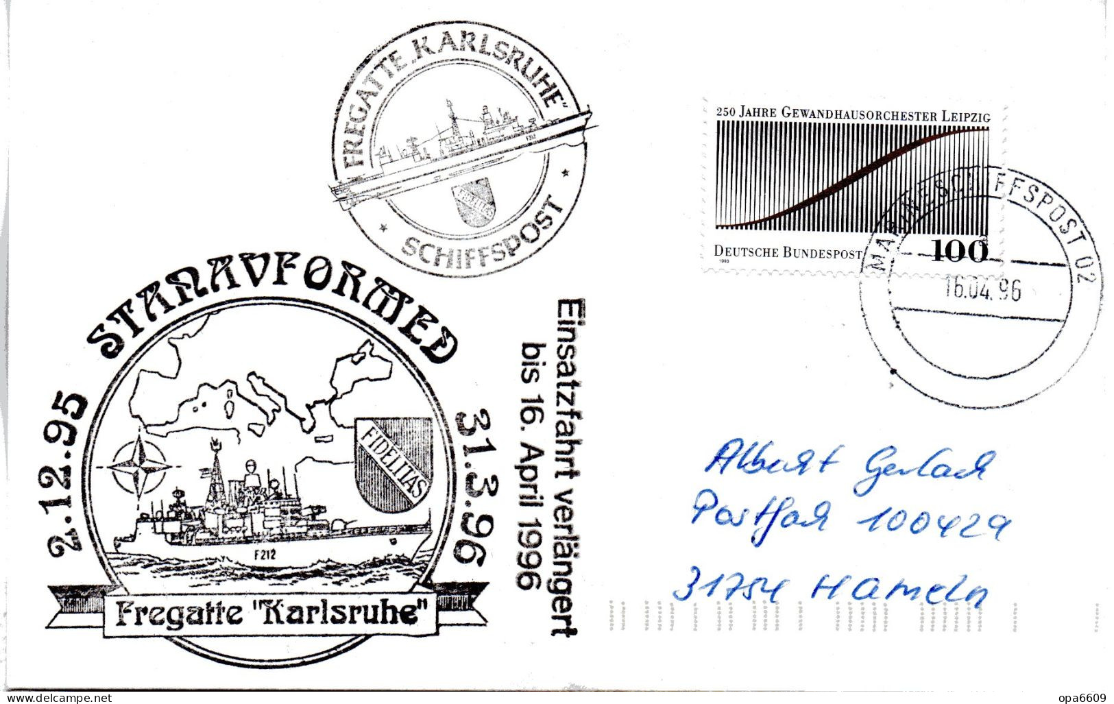 (Freg 3)BRD Cachetumschlag FREGATTE "KARLSRUHE"F212 - 2.12.95 STANAVFORMED 31.3.96" EF BRD TST 16.4.96 MARINESCHIFFSPOST - Schiffe