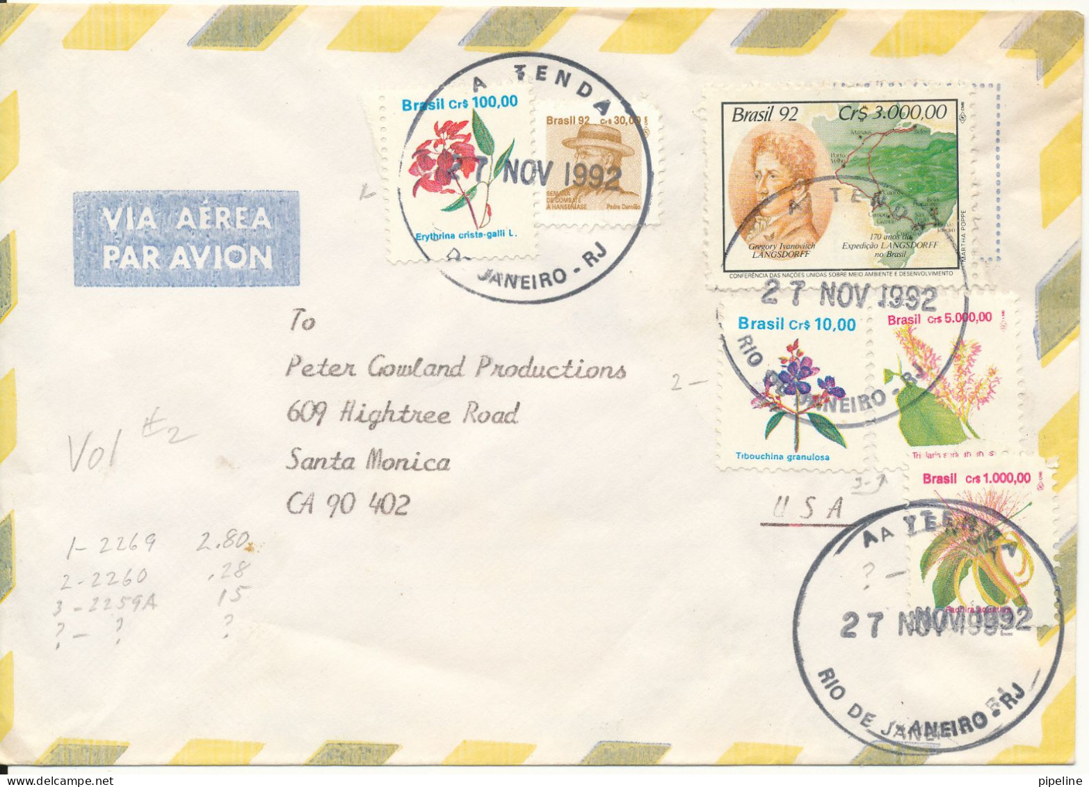 Brazil Air Mail Cover Sent To USA 27-11-1992 Topic Stamps - Airmail