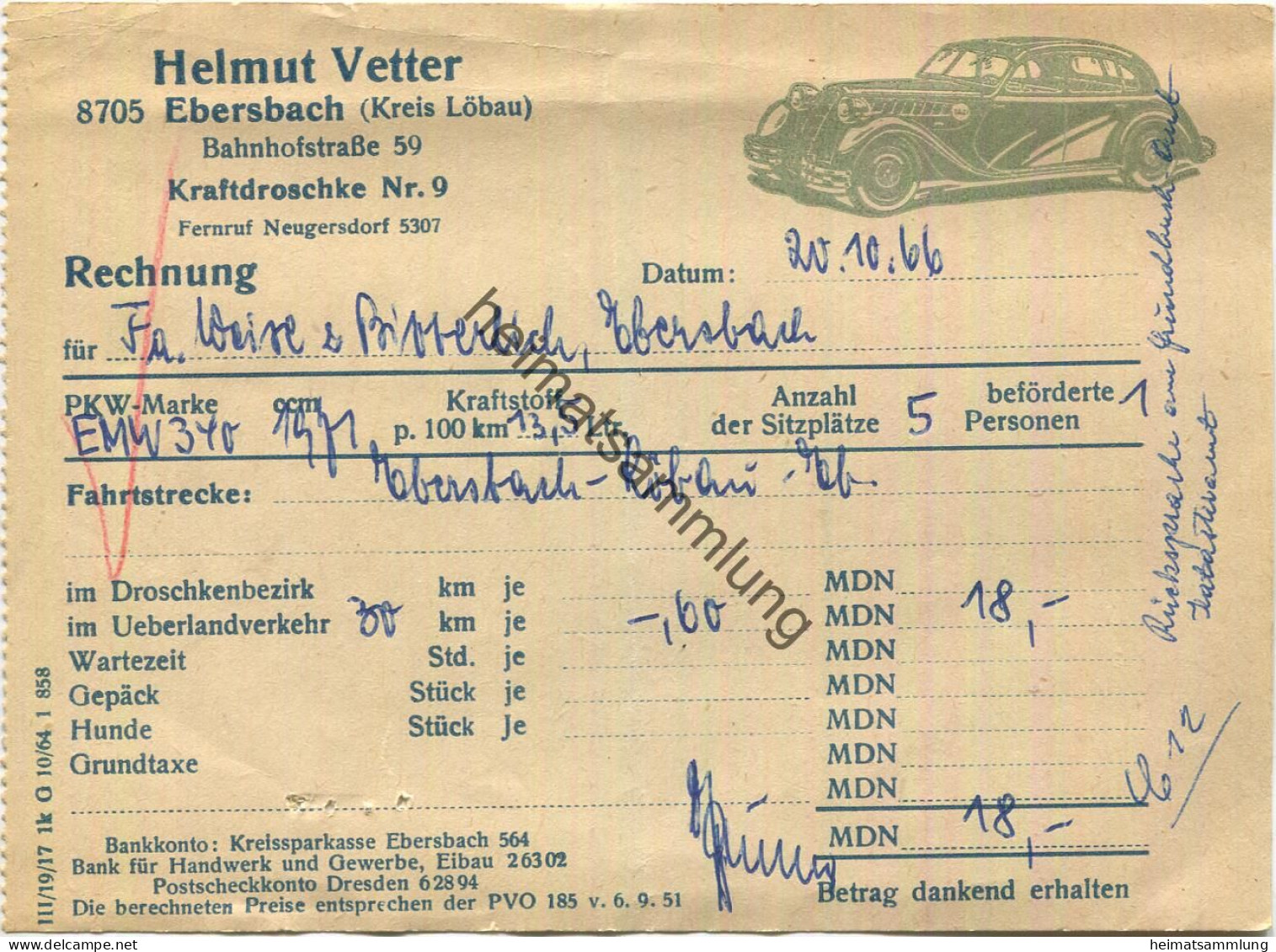 Rechnung über Eine Fahrt Von Ebersbach Nach Löbau Und Zurück 1966 - Helmut Vetter Ebersbach (Kreis Löbau) Bahnhofstrasse - Transports