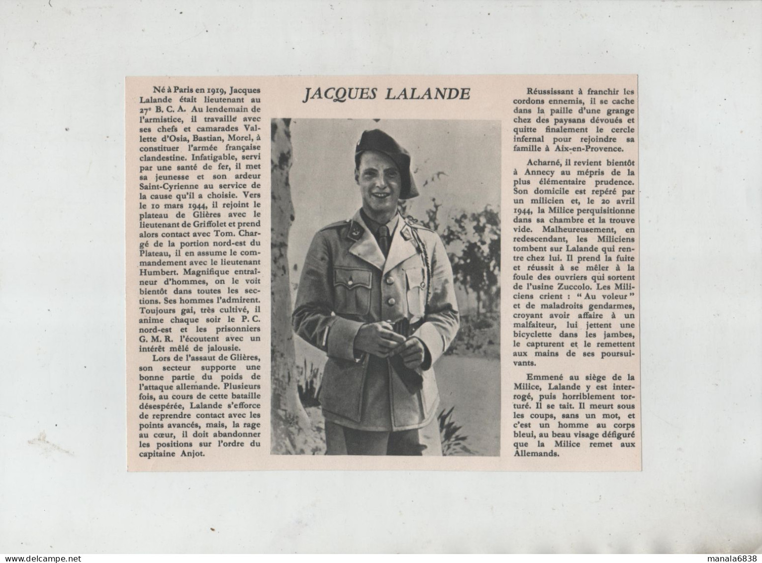 Jacques Lalande Saint Cyr Plateau Des Glières  Milice 1944 Usine Zuccolo - 1939-45