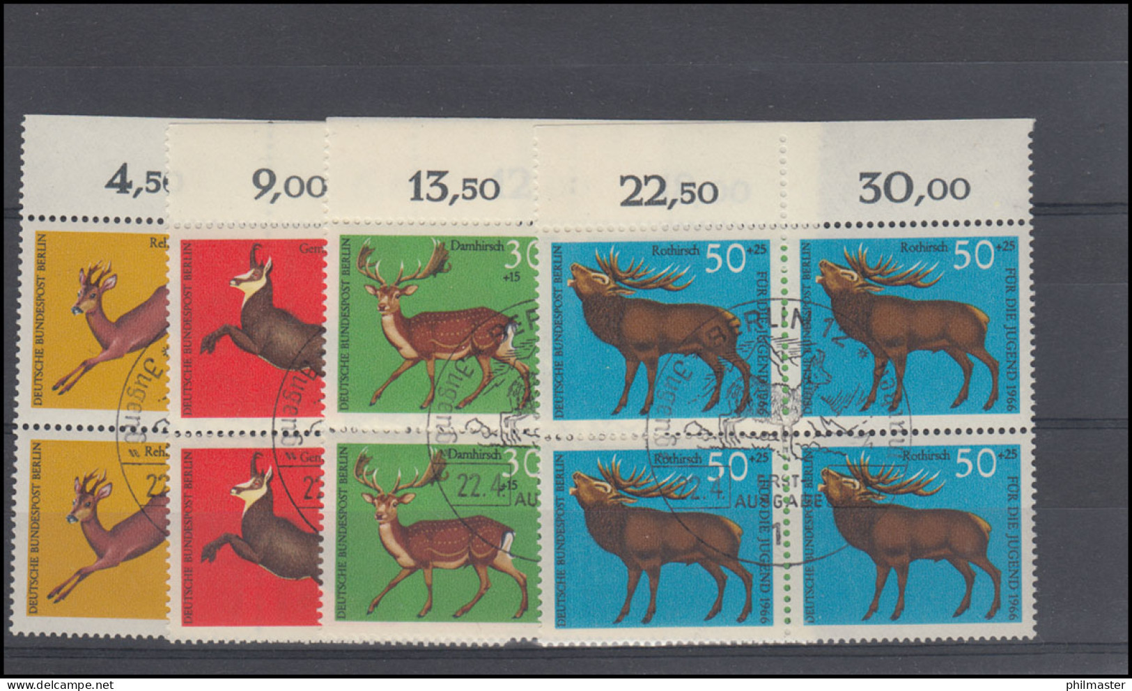 291-294 Jugend Hochwild 1966, OR-Viererblöcke, Satz ESSt Berlin - Usados