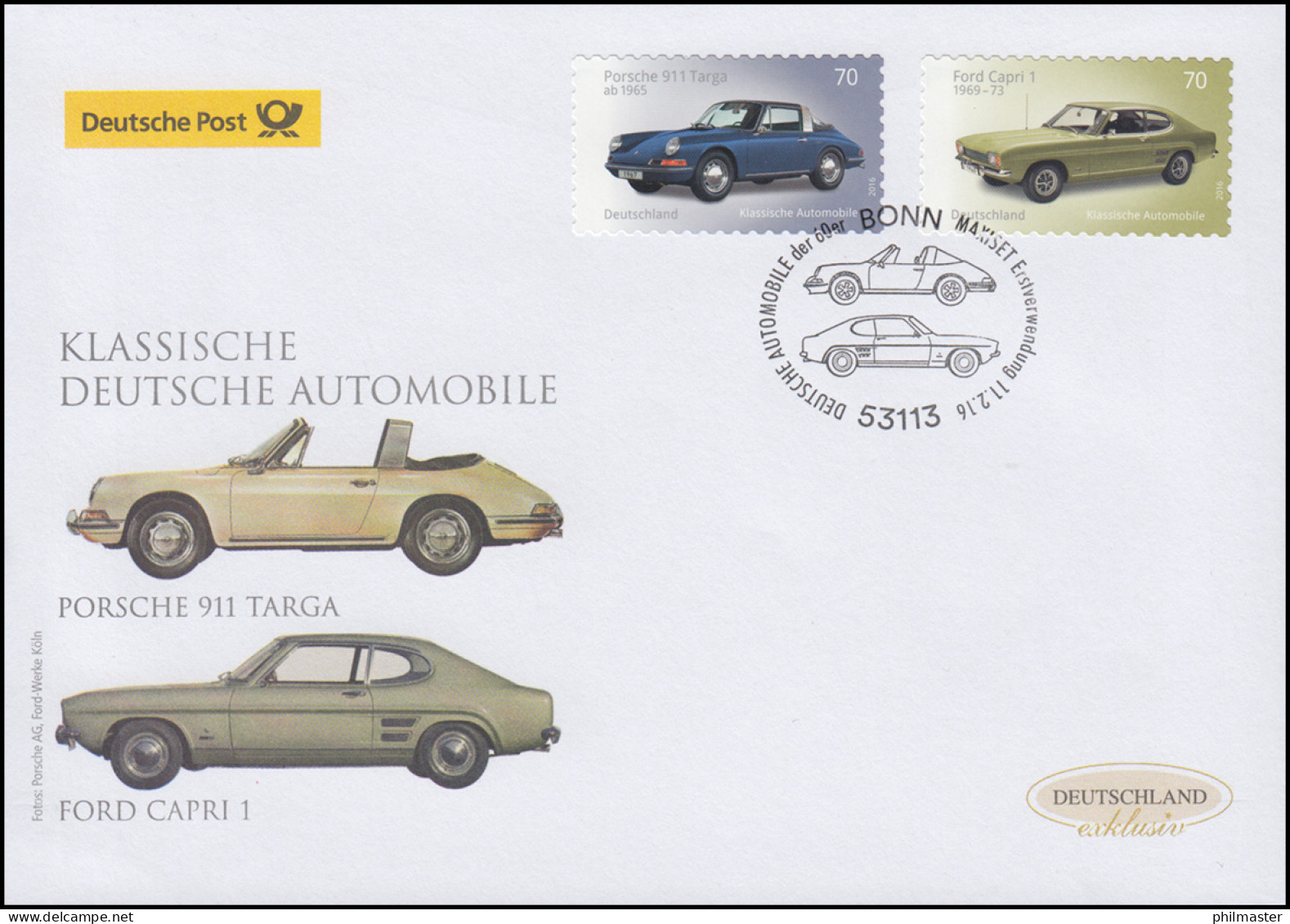 3213-3214 Porsche & Ford Capri, Selbstklebend, Schmuck-FDC Deutschland Exklusiv - Briefe U. Dokumente