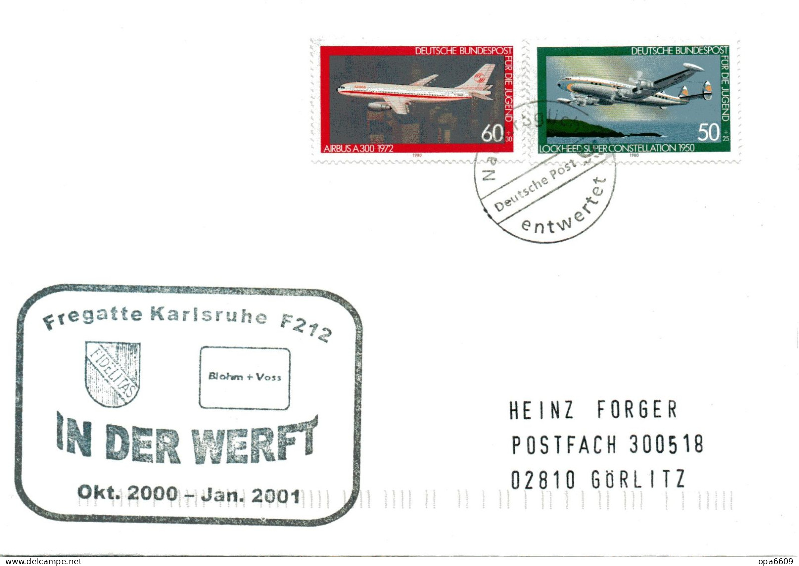 (Freg 3)BRD Cachetumschlag FREGATTE "KARLSRUHE"F212 - Oktober 2000-Januar 2001 IN DER WERFT" MiF BRD TST 2001 - Schiffe