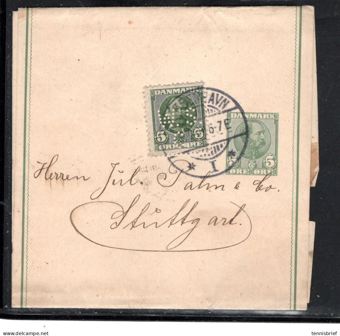 1907, 5 Ö.  Perfin  " W.S.-C. , Klar Gestp Kopenhagen A. Kpl. Streifband Nach Deutschland , Firmen-Lochung ,#1801 - Storia Postale