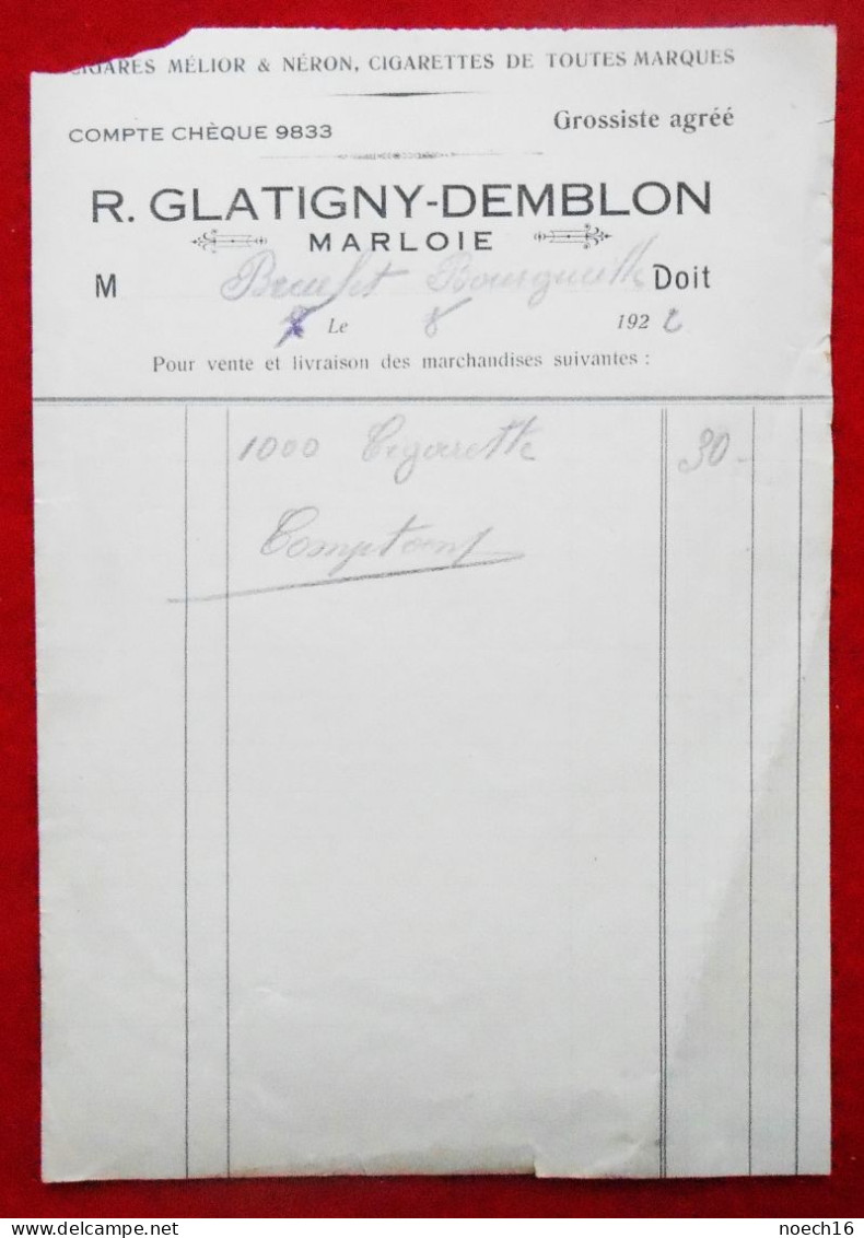 8 Factures Marloie 1922, Cigares Mélior & Néron, R.Glatigny-Demblon - 1900 – 1949