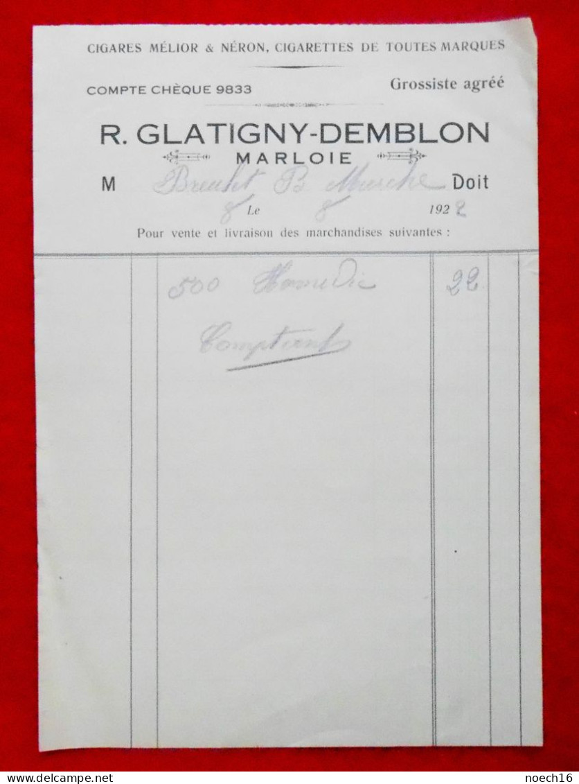 8 Factures Marloie 1922, Cigares Mélior & Néron, R.Glatigny-Demblon