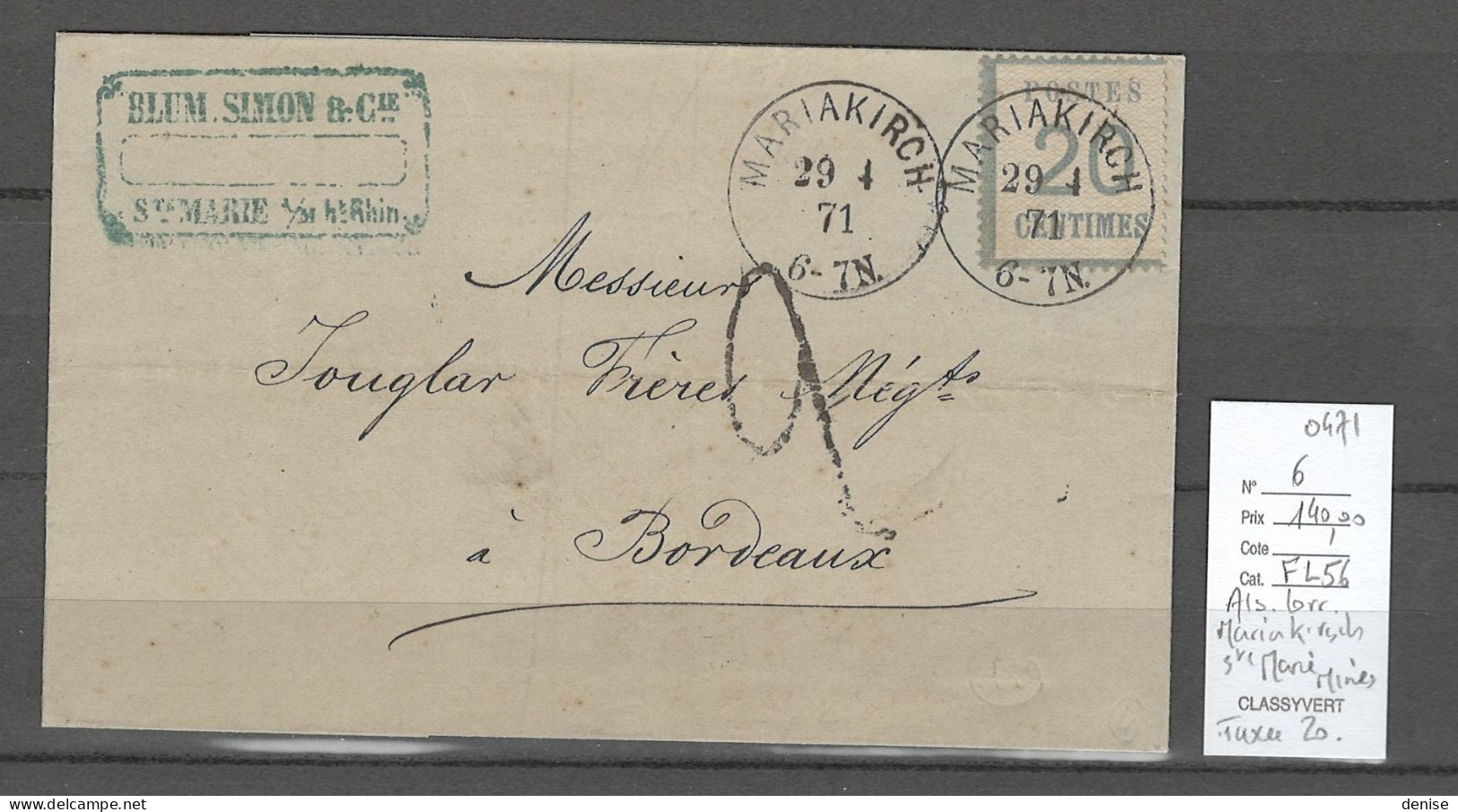 France - Alsace Lorraine - Yvert 6  - Mariakirch - DEPART 1 EURO - Sainte Marie Aux Mines  - 04/1871 - Brieven En Documenten