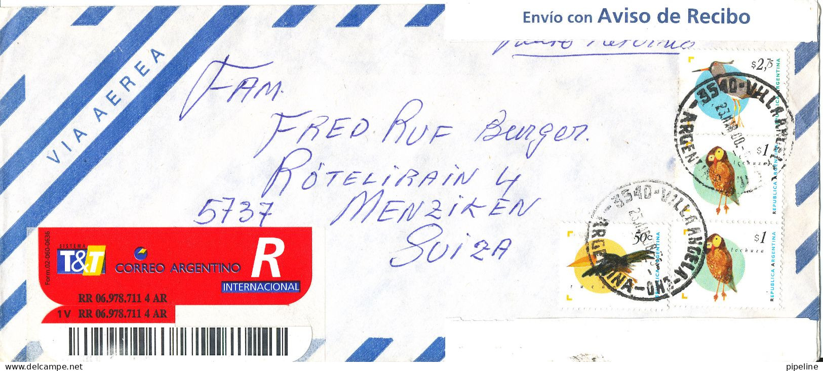 Argentina Registered Air Mail Cover Sent To Switzerland Villa Angela 23-3-2000 Topic Stamps - Luftpost