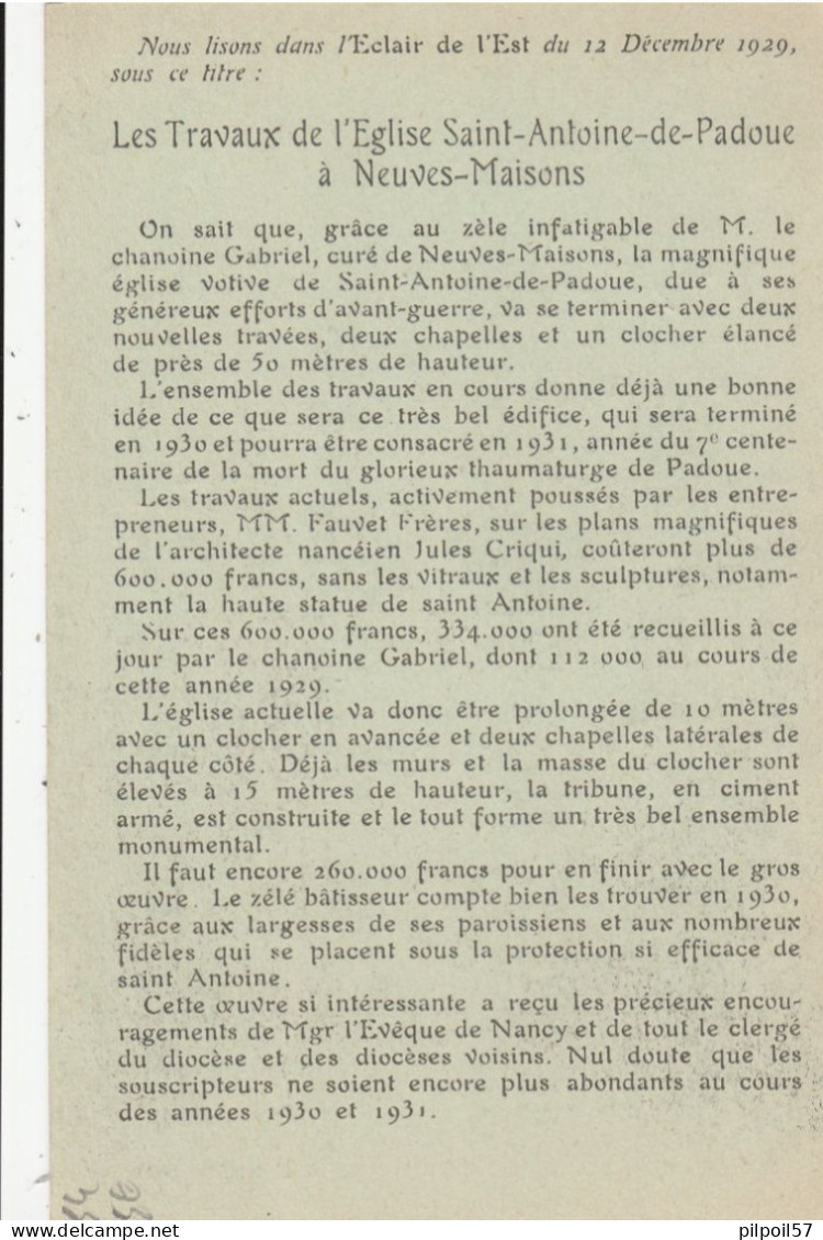 54 - NEUVES-MAISONS - Les Travaux De L'Eglise De Saint Antoine De Padoue. - Neuves Maisons